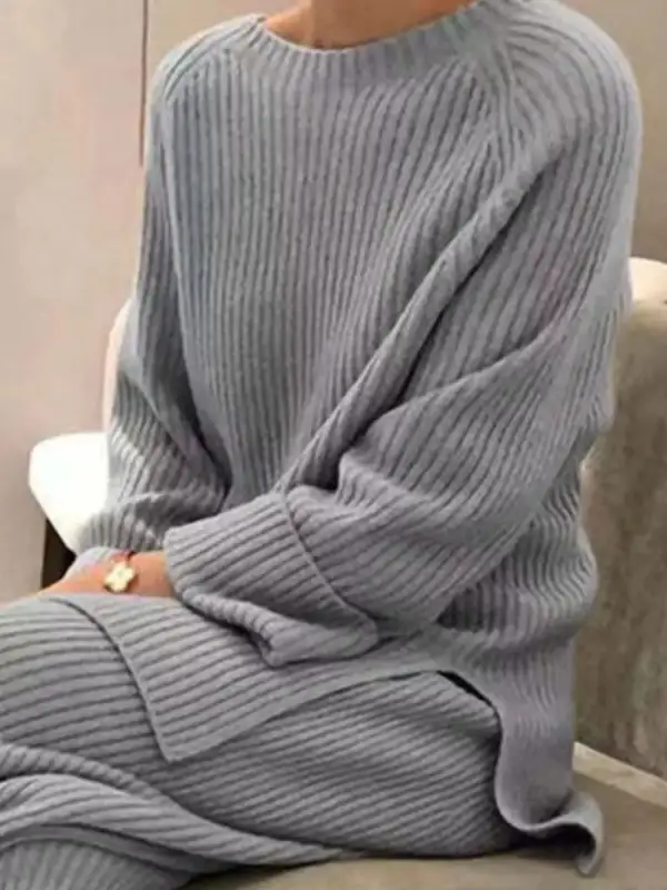 Ribbed Knit Relaxed Fit Top and Pants Sweater Set