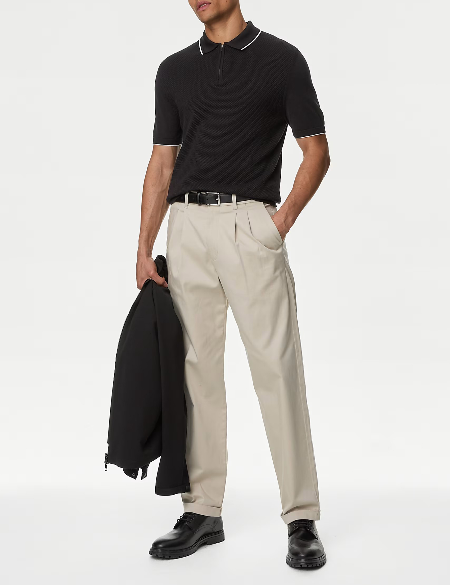 Men's Black Textured Knitted Polo Shirt