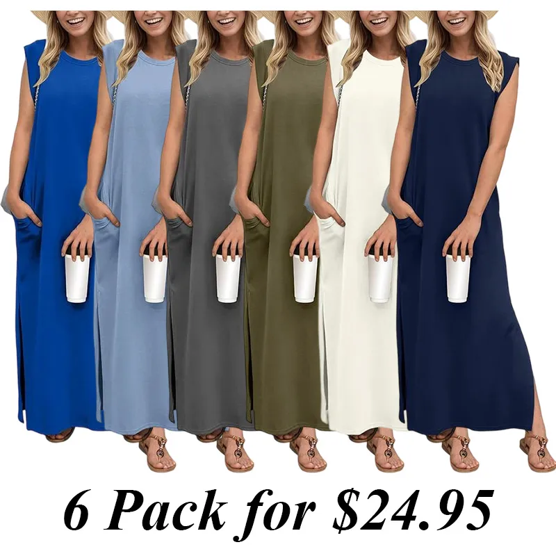 6PACK-Summer Round Neck Casual Loose Split Wrinkle-Free Long  Dress