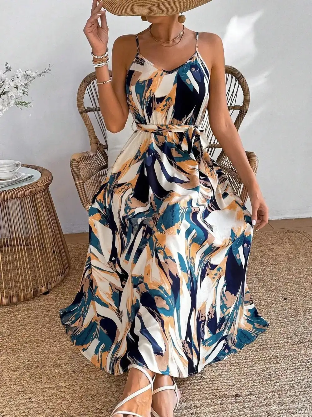 Abstract Print Tie Waist Dress