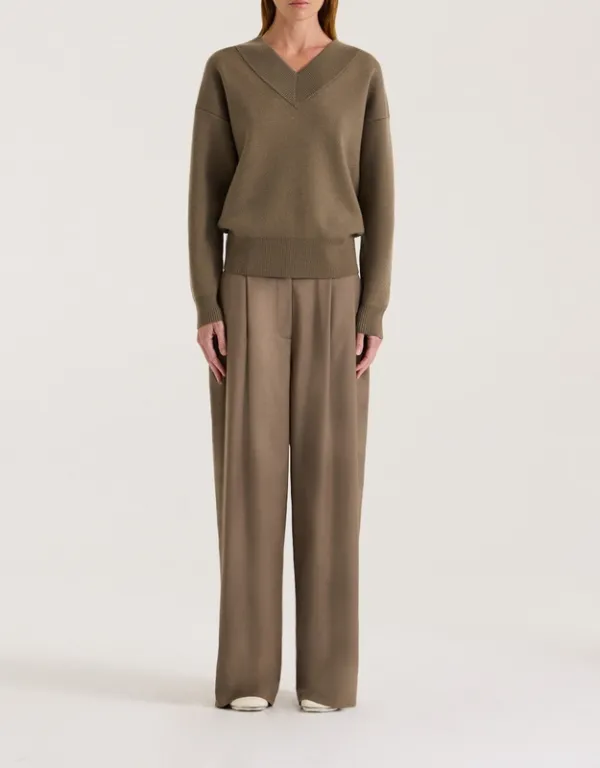 Light Khaki Oversized V-Neck Knit Jumper