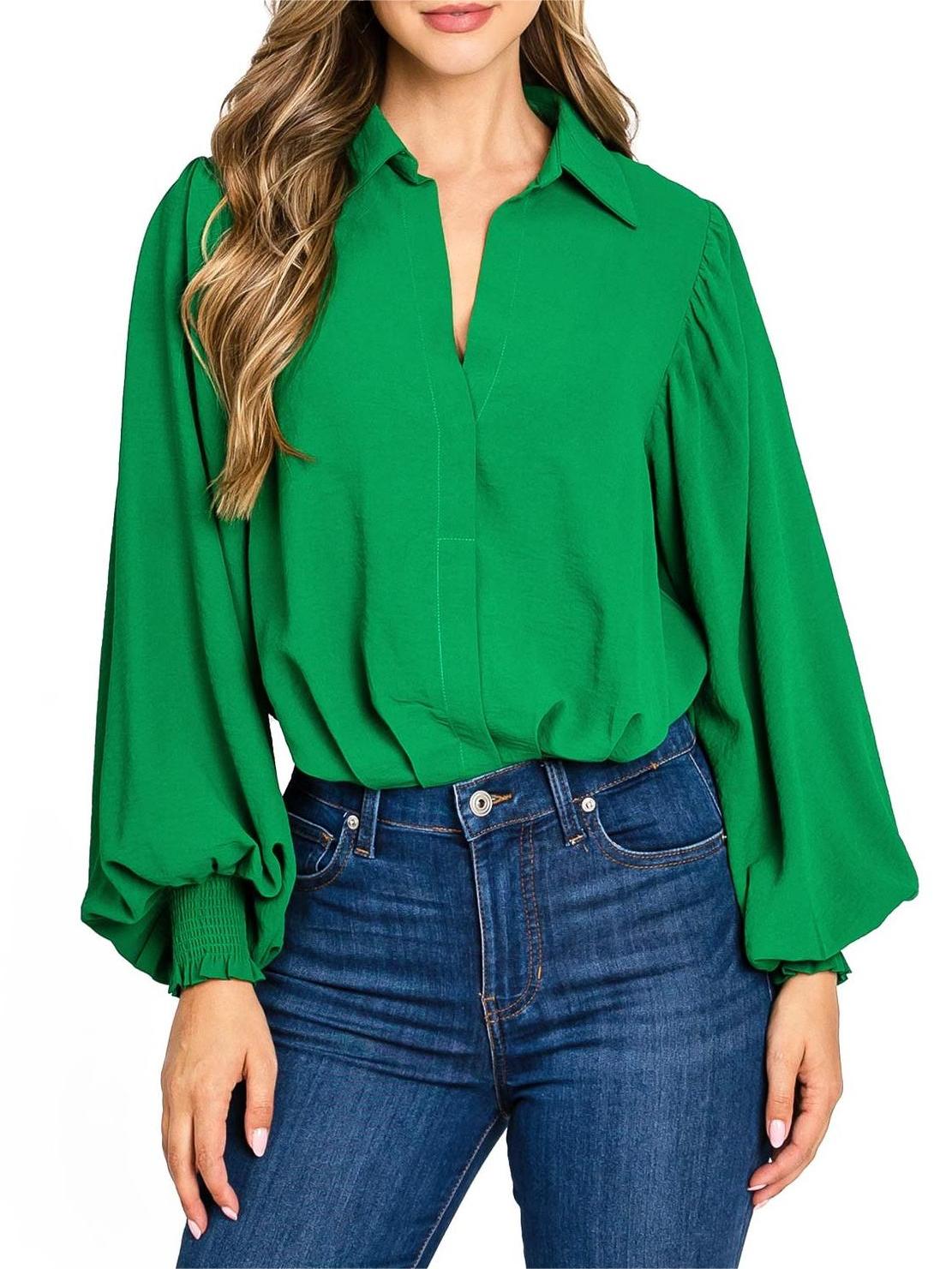 Emerald Green Puff - Sleeve Blouse