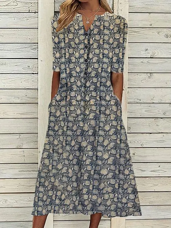 Chic Retro Print Button-Pocket Midi Dress