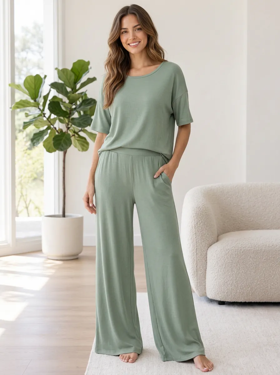 Women's Comfort Focused Ribbed Knit Wide Leg Lounge Set