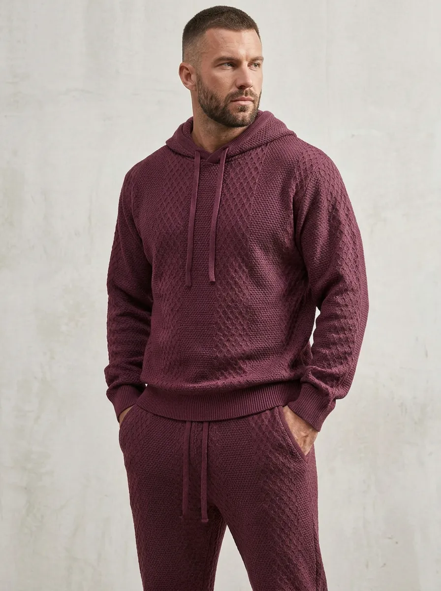 Diamond-Texture Hooded Textured-Knit Men's Knit Hoodie Jogger Set