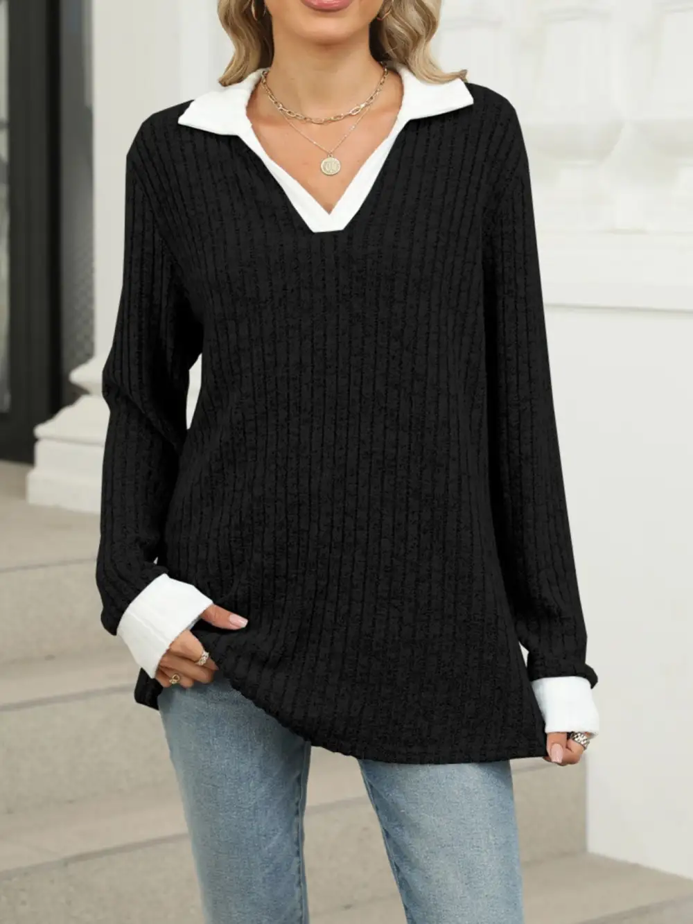 Modern Ribbed Knit Long Sleeve T-Shirt