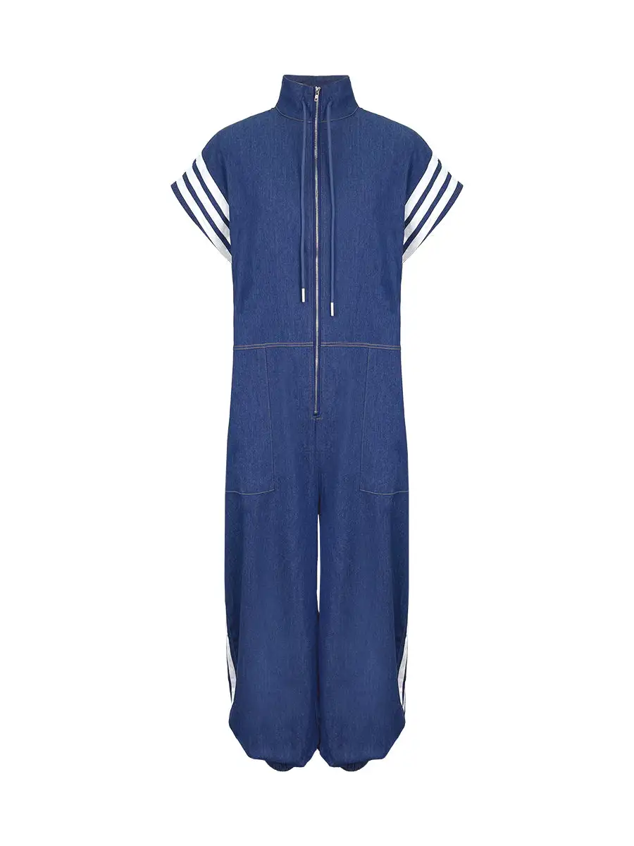Enkelgebonden Losse Contrastkleurige Zakken Split Joint Gestreepte Jumpsuits