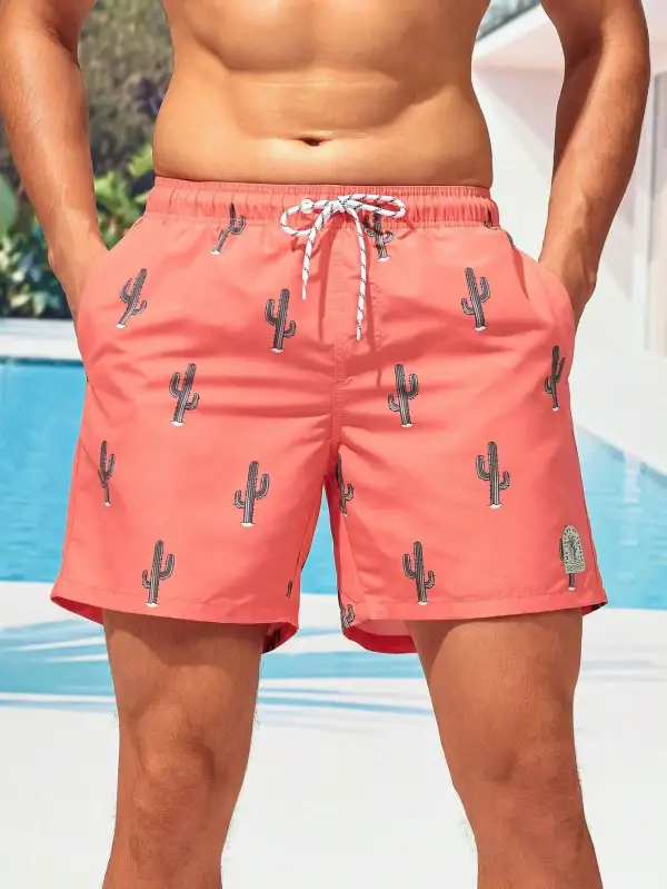 Men's Cactus Print Drawstring Swim Trunks