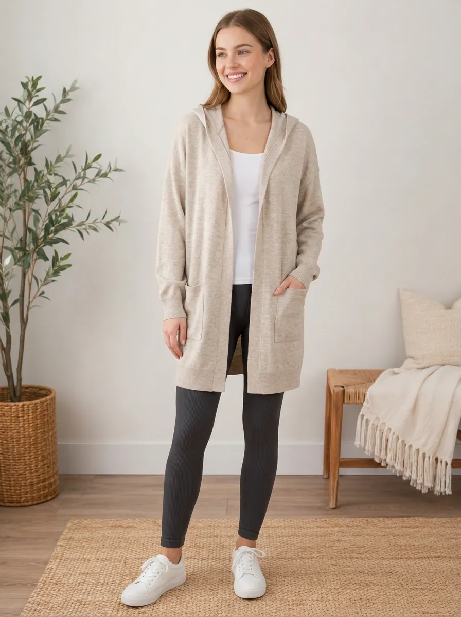 Women's Casual Beige Solid Color Hooded Knit Cardigan Top