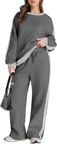 Women's 2 Piece Outfit Fleece Sweatsuit Casual Lounge Matching Sets Crewneck Loose Fit Cozy Sweatshirt & Straight Leg Sweatpants Womenswear Clothes Chic