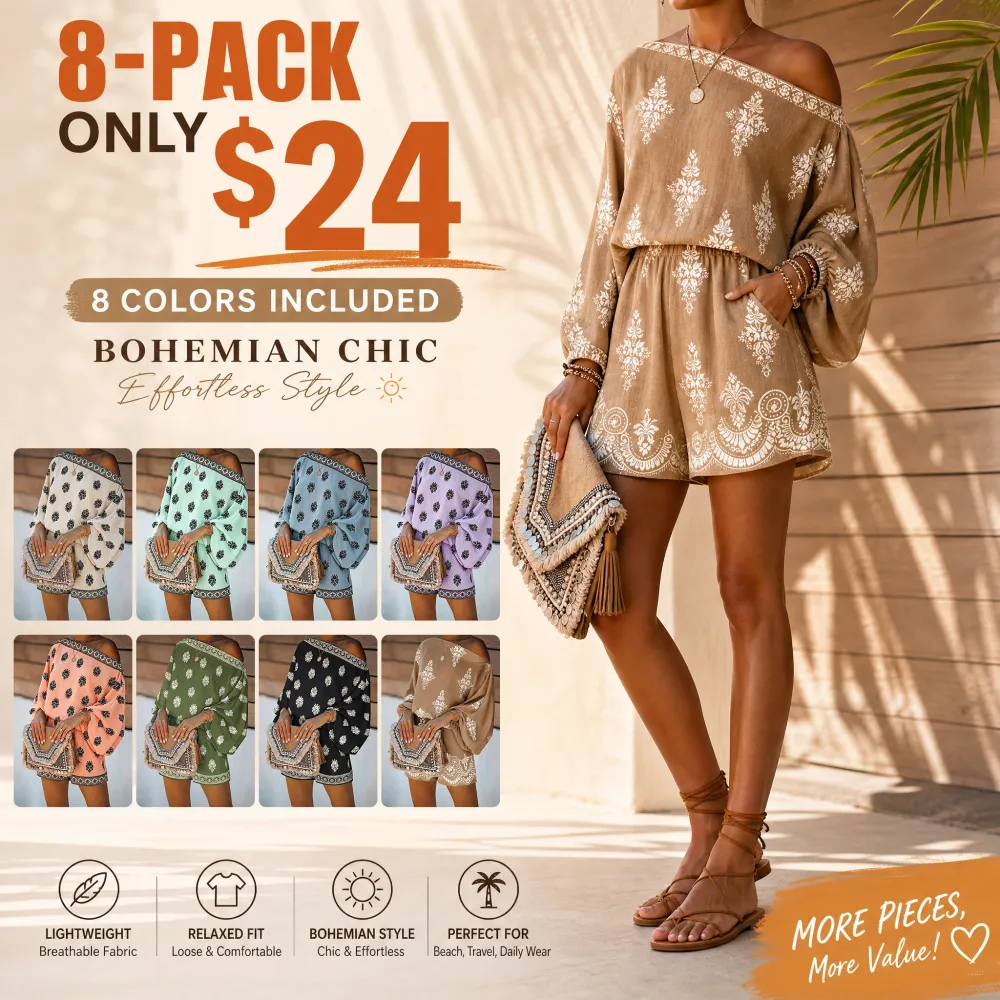 Women's 2 Pieces Outfit Boho Lantern Sleeve Linen Top and Shorts Set