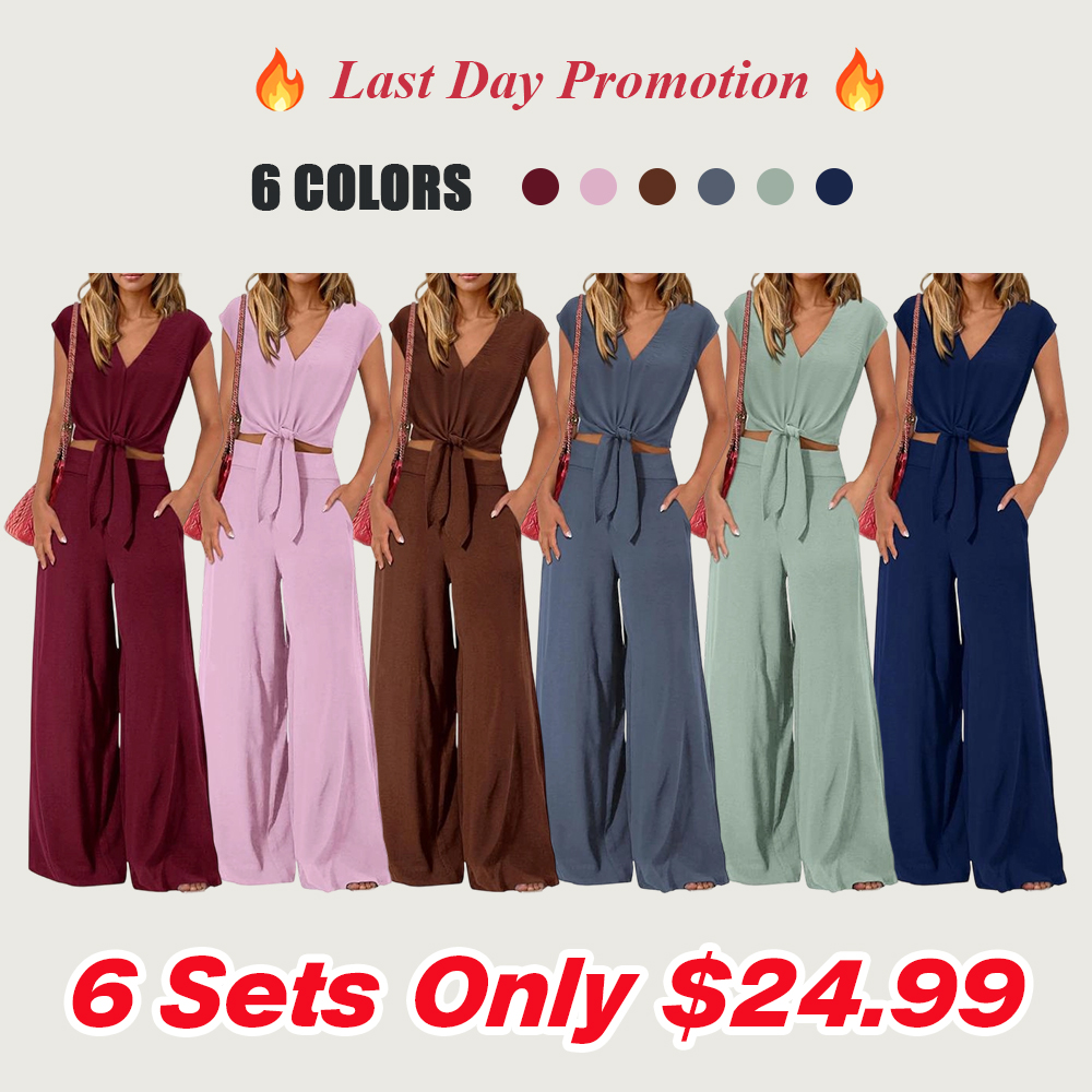 Women's two-piece tracksuit: short-sleeved V-neck cropped top with tie and wide-leg pants.