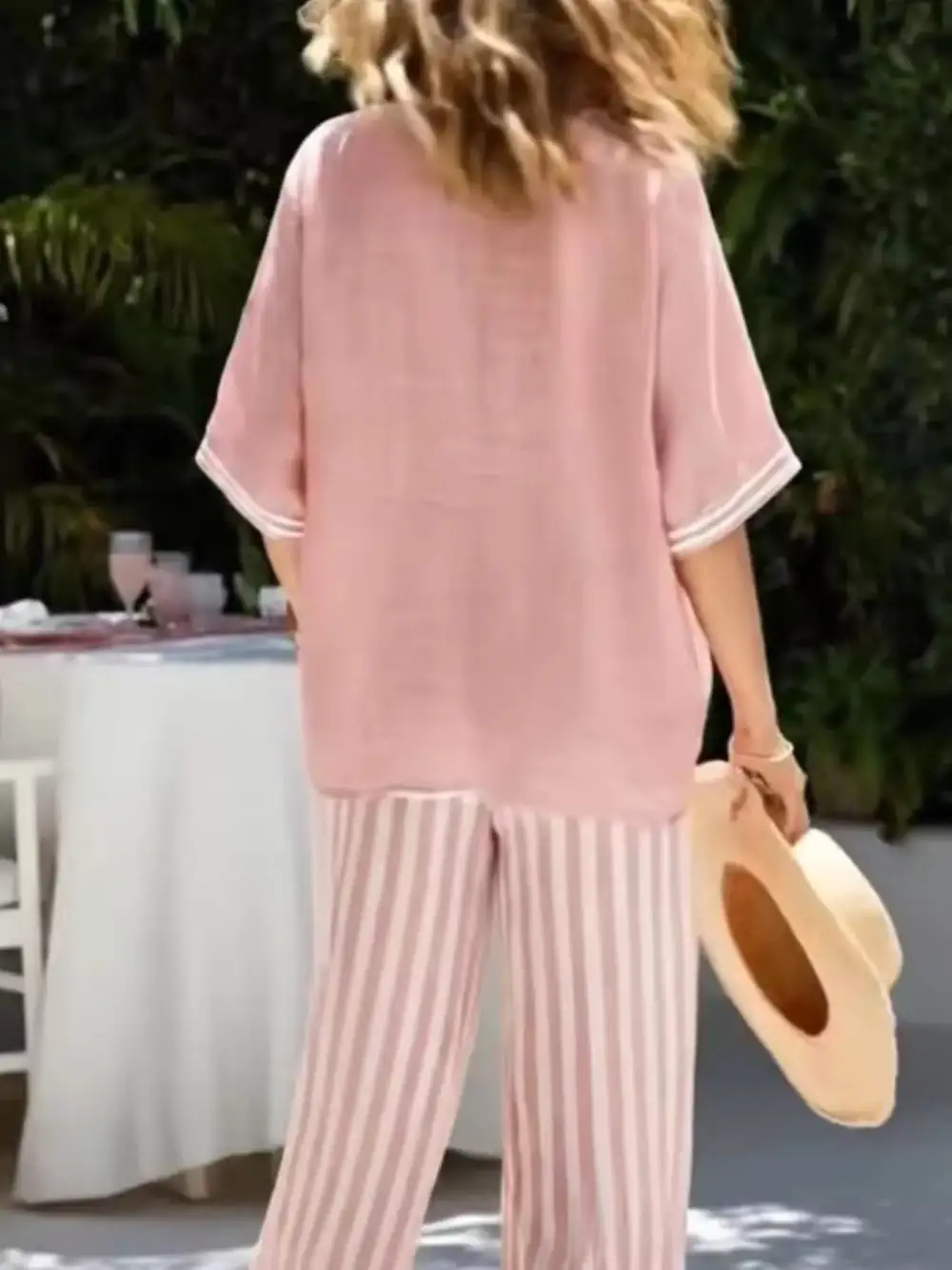 Full Size Striped V-neck Top and Wide Leg Pants Set Plus Size