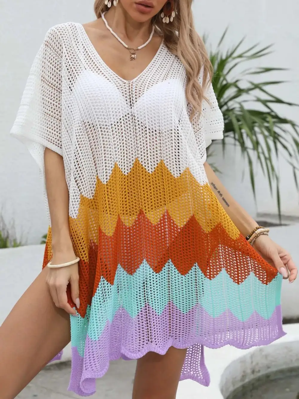 Openwork V Neck Short Sleeve Swim Cover Up