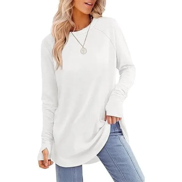 Womens Tunic Tops to Wear with Leggings Long Sleeve Thumb Hole Shirts Crew Neck Curved Hem