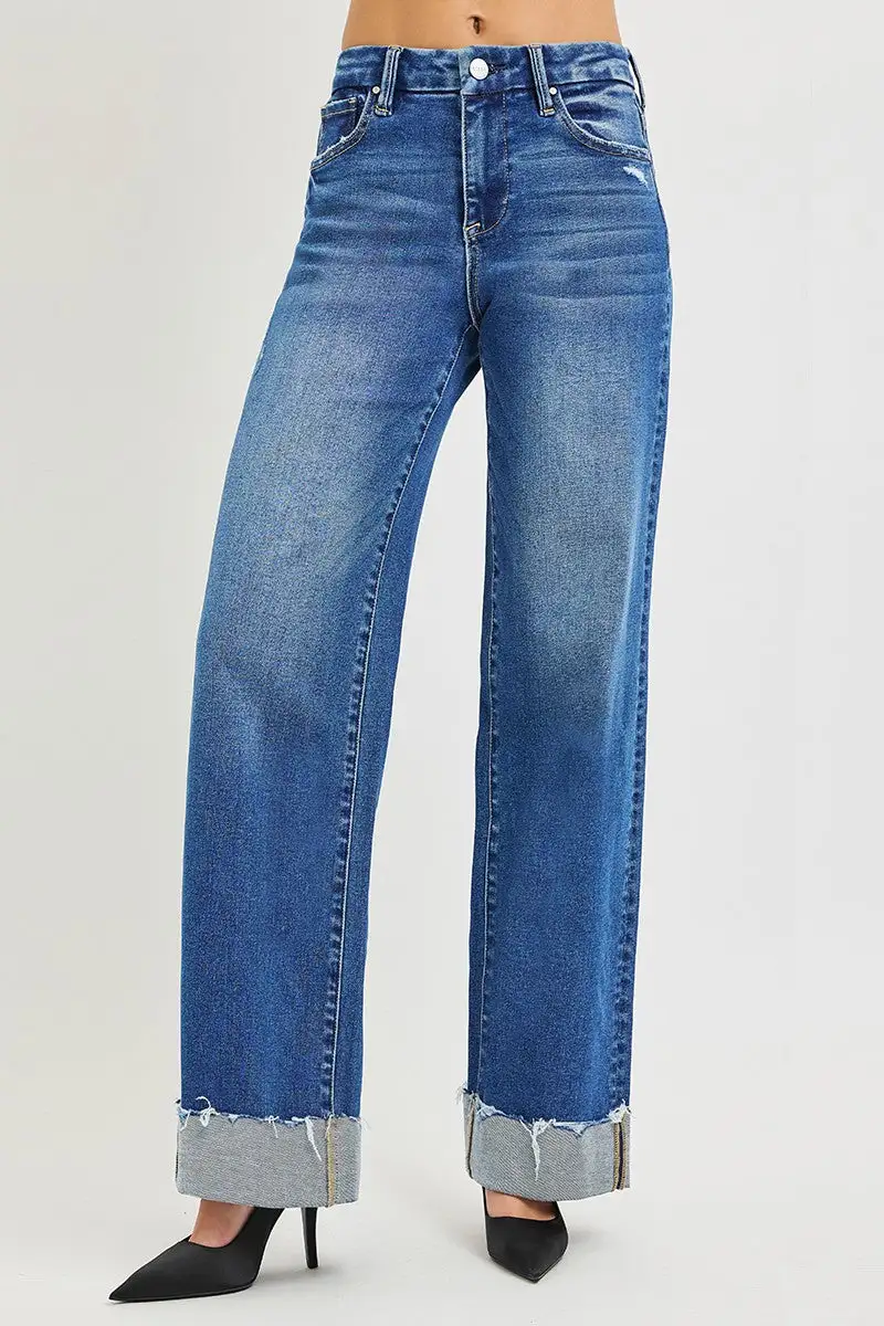 High Rise Raw Hem Cuffed Hem Relaxed Wide Leg Jeans