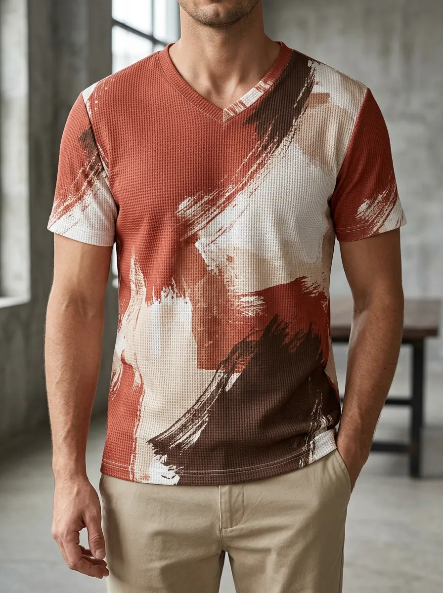 Men's Graphic Abstract Brushstroke Waffle Knit V-Neck T-Shirt