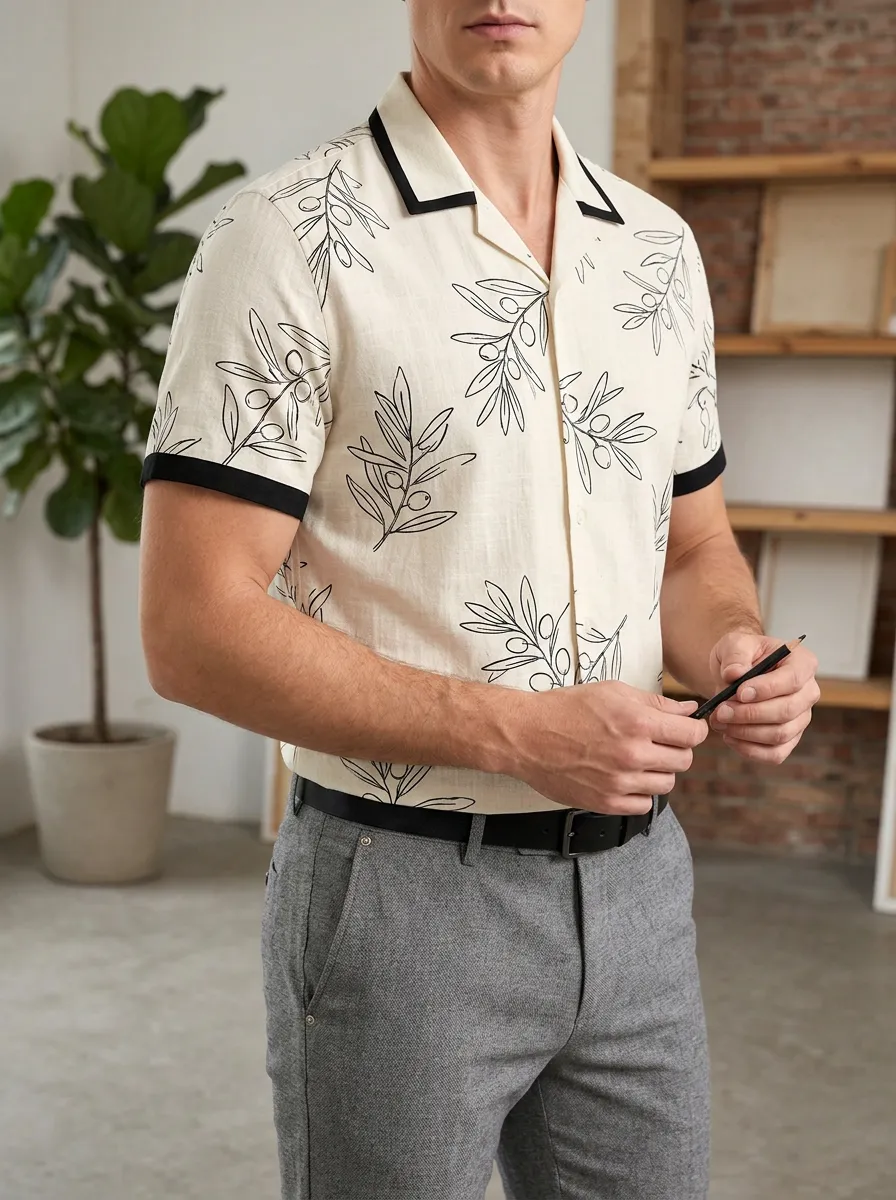 Men's Botanical Olive Branch Printed Slim Fit Shirt