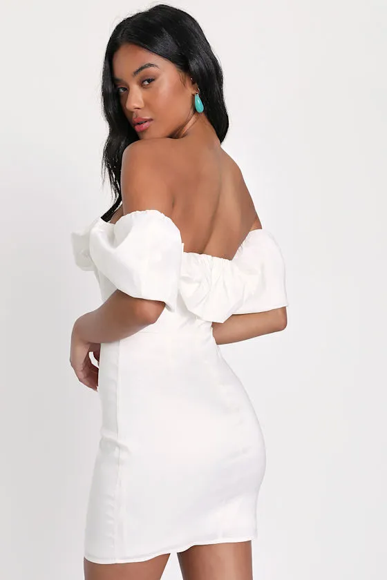 Fanciful Feat White Taffeta Off-the-Shoulder Bodycon Mini Dress