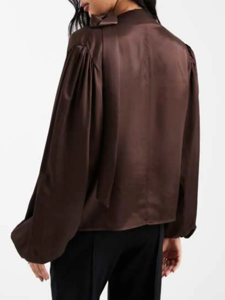 High Neck Satin Tie Blouse