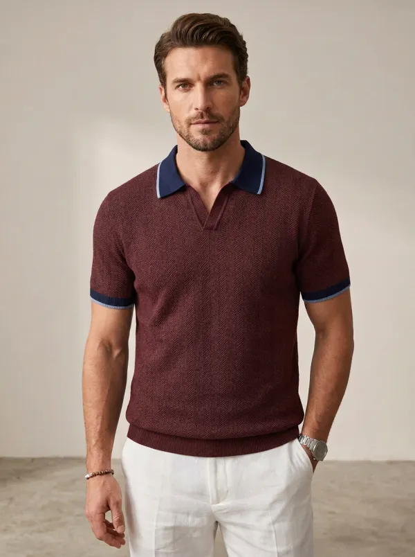 Men's Herringbone Knit Ribbed Textured V-Neck Polo Shirt