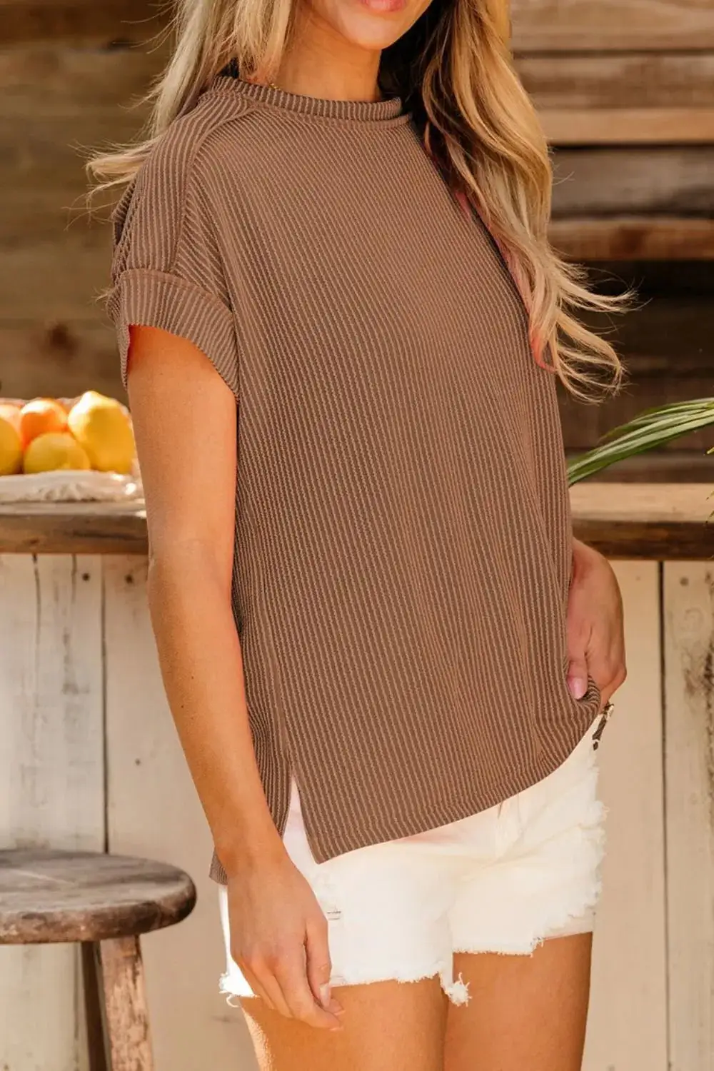 Round-Neck Short-Sleeve Ribbed T-Shirt