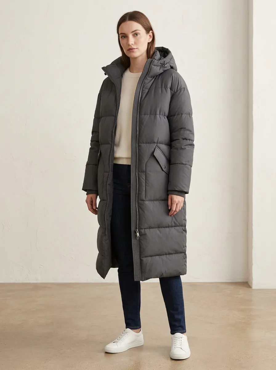 Warm-Look Padded Long Hooded Coat