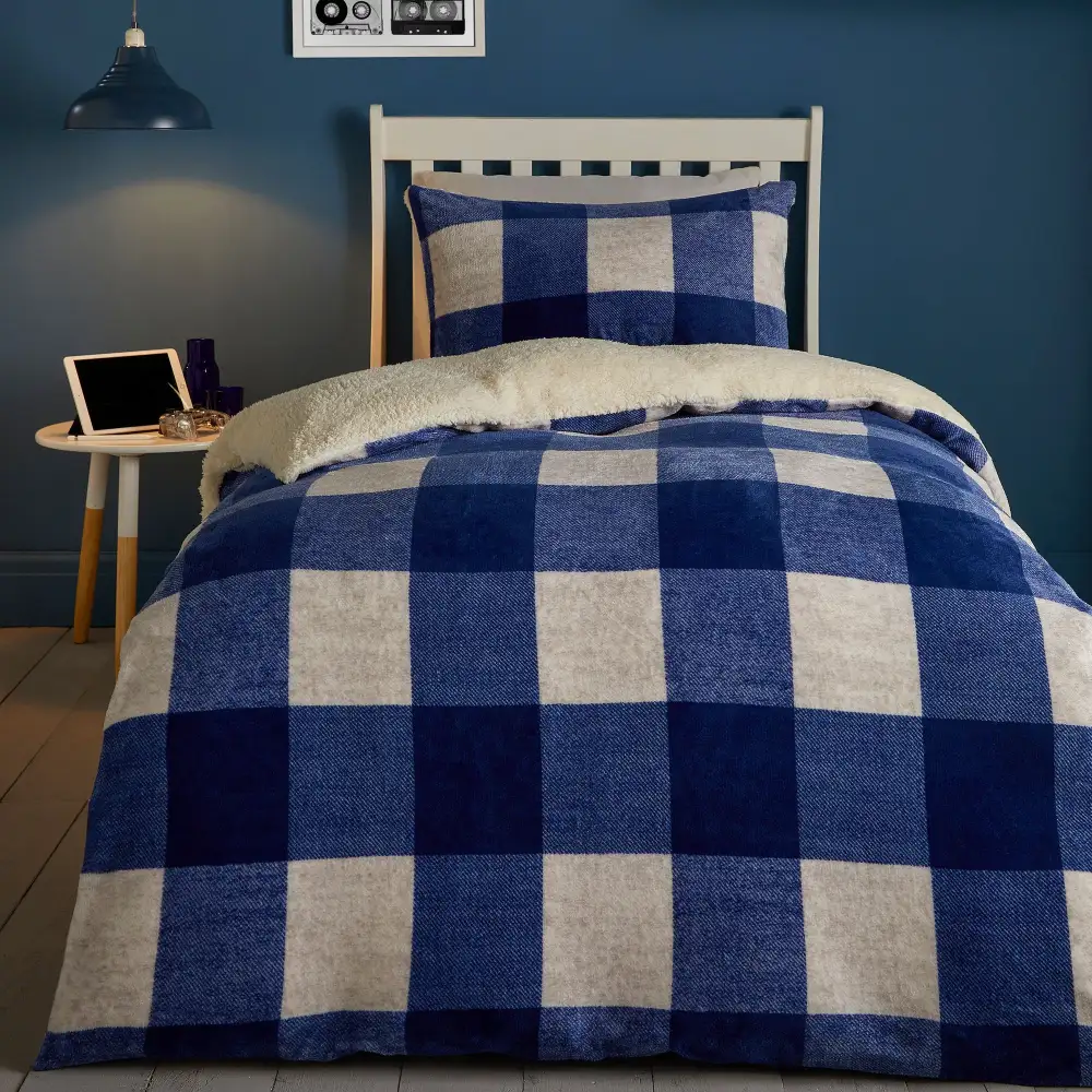 Reversible Gingham Check Sherpa Fleece Duvet Cover Set