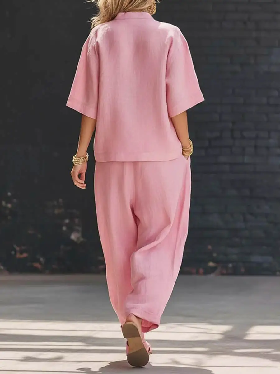 Relaxed V Neck Blouse And Pants Set