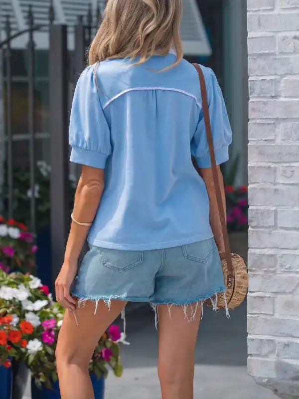 Striped Frilled Collar Short Sleeve Blouse