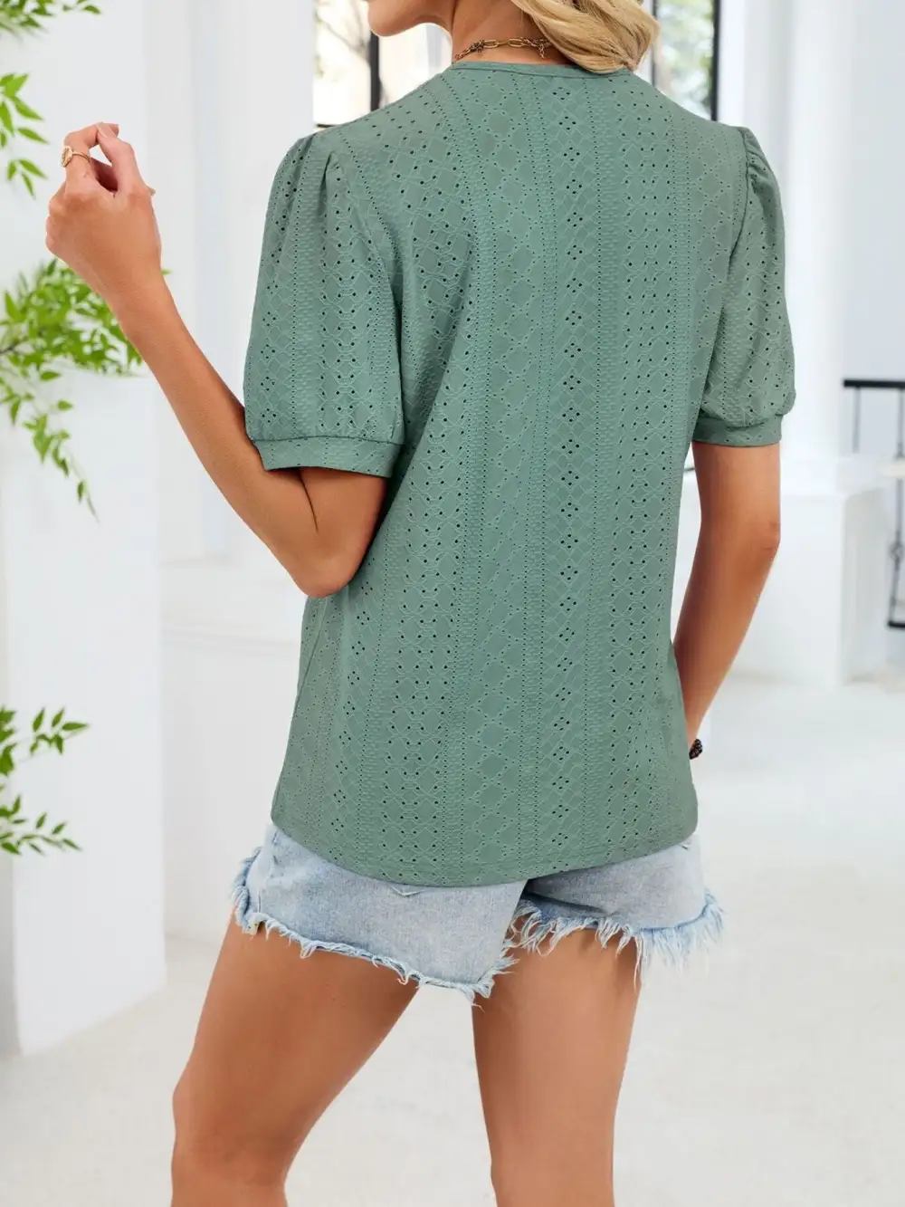 Refined V-Neck Short-Sleeve Lace-Detail T-Shirt