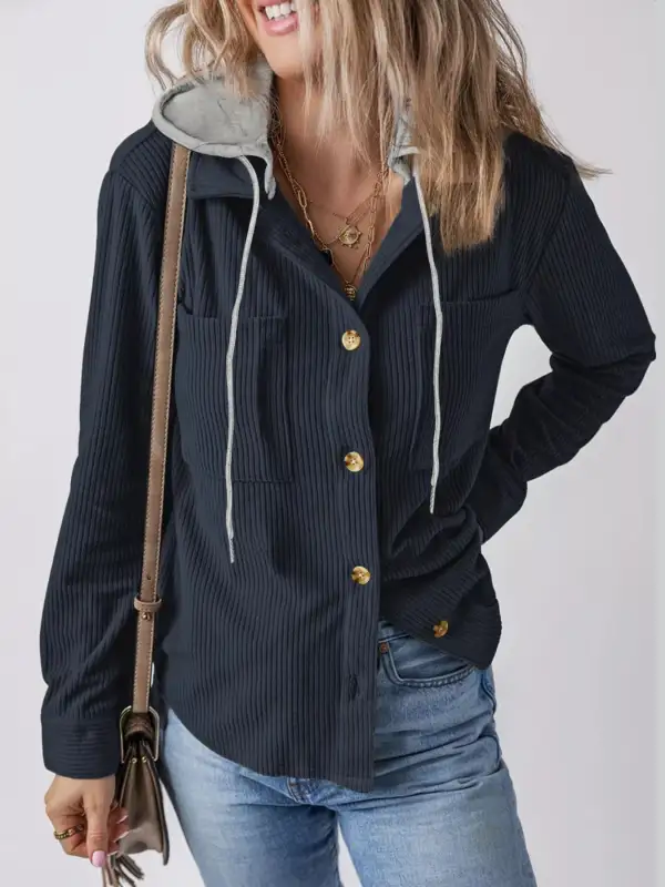 Hooded Corduroy Button-Down Jacket