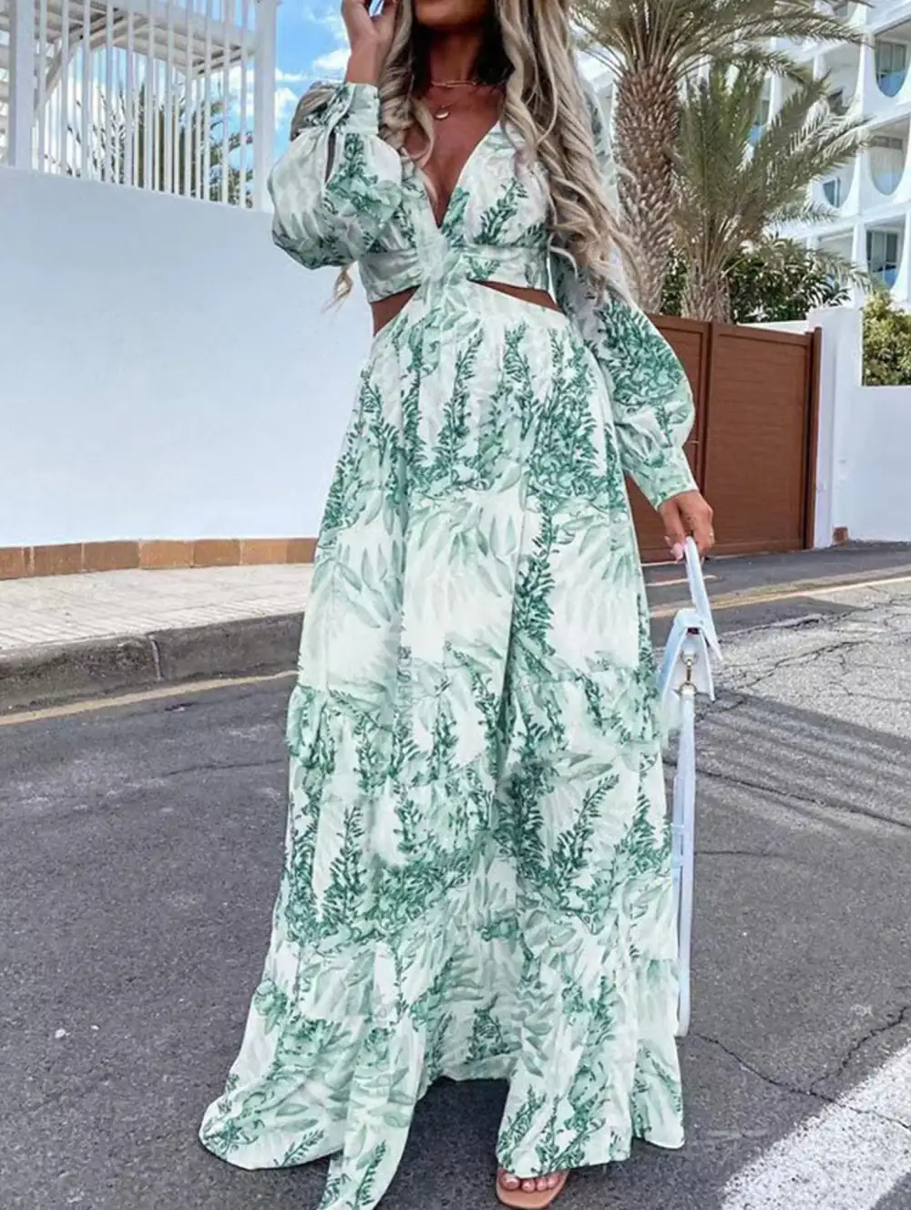 Long Printed V-Neck Long-Sleeved Dress
