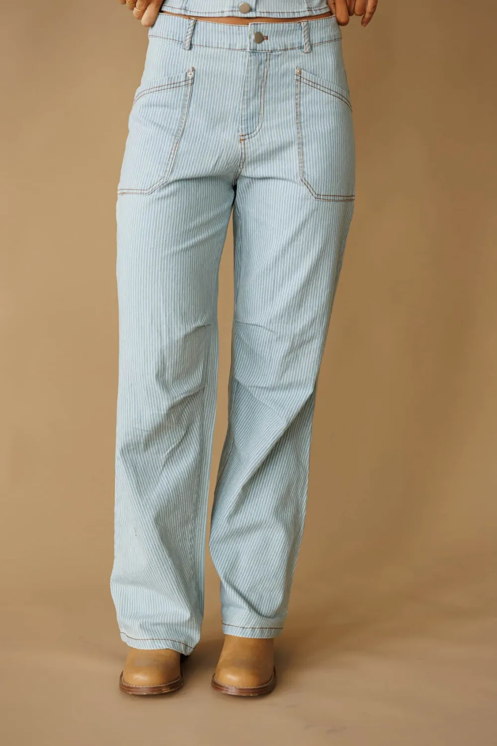 Denim Wide-Leg Pleated Pants