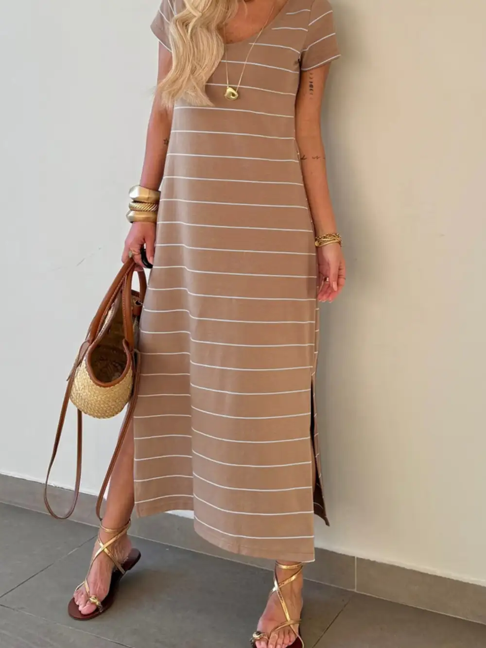 Striped Slit Short Sleeve Maxi Dress
