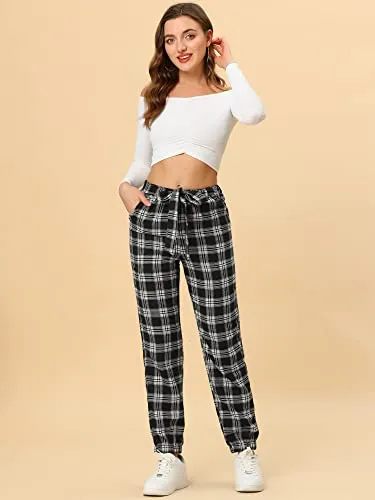 Women's Plaid Sweatpants Casual Tapered Tie High Waisted Tartan Pants with Pockets