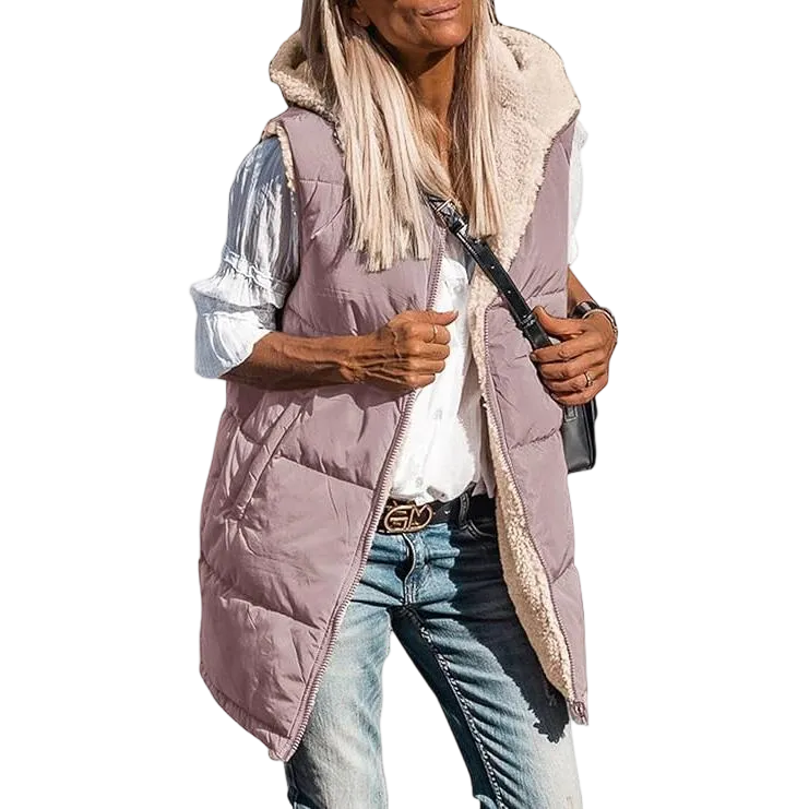 Women's military green double-faced fleece vest with pockets and a hood, long zip-up coat