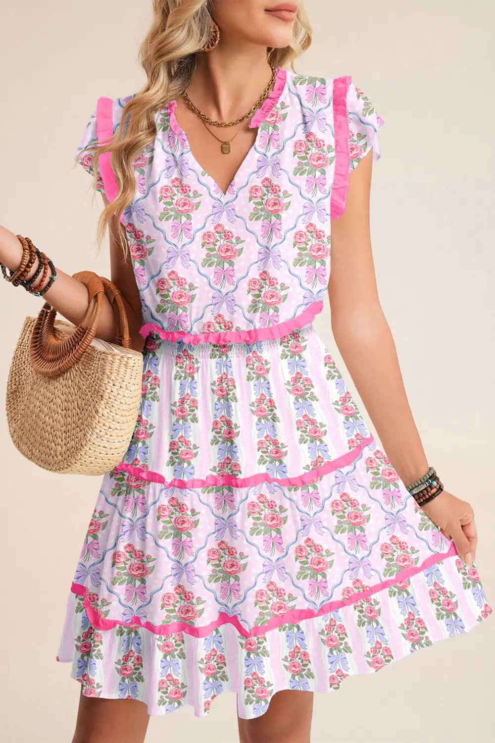 Gathered Detail Floral Ruffle Tiered Dress