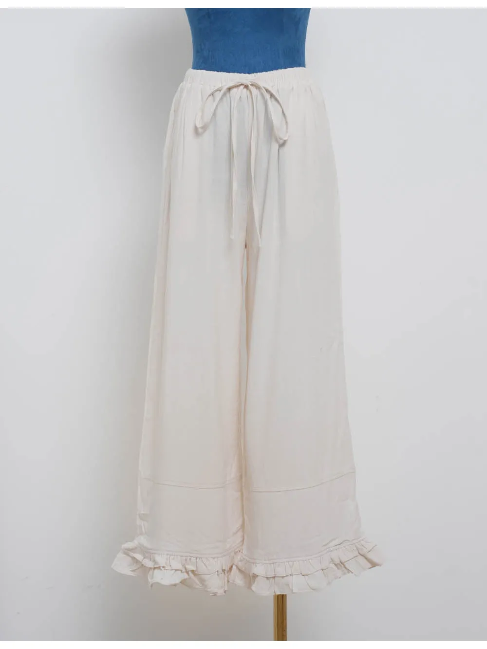Elastic Waist Drawstring Ruffle Hem Wide Leg Pants