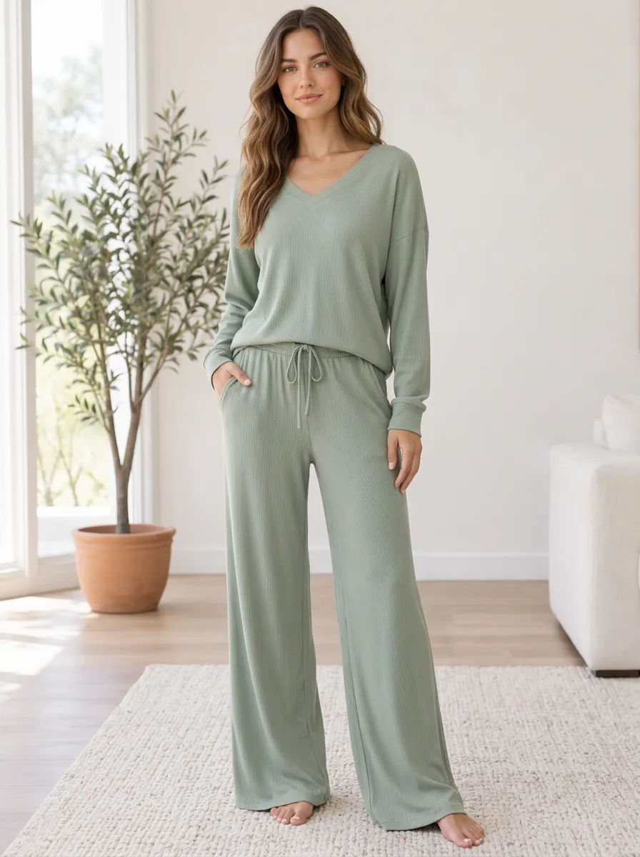 Simple Lounge Women's Ribbed Wide Leg Lounge Set