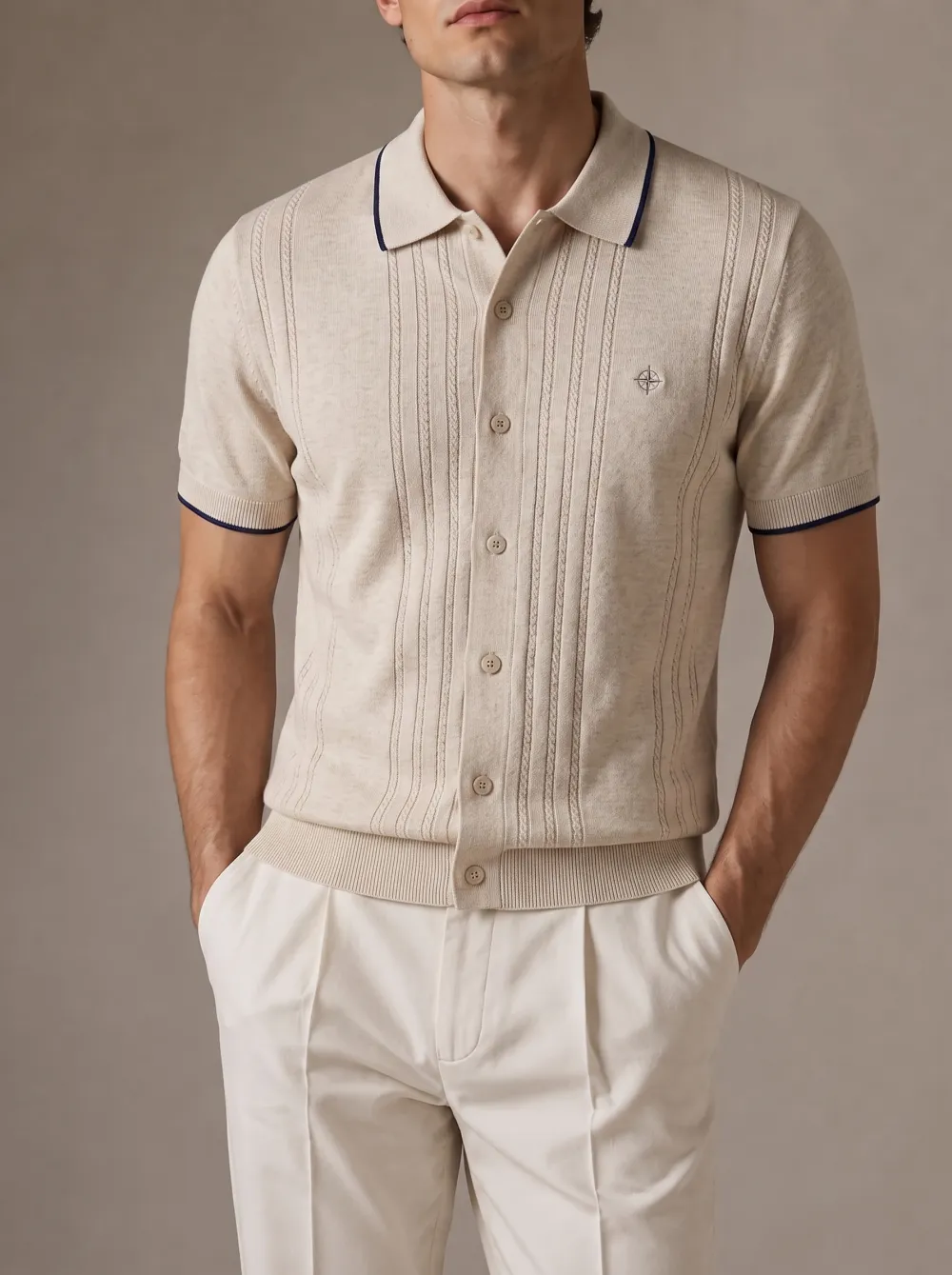 Men's Vintage Style Compass Embroidered Knitted Polo Shirt