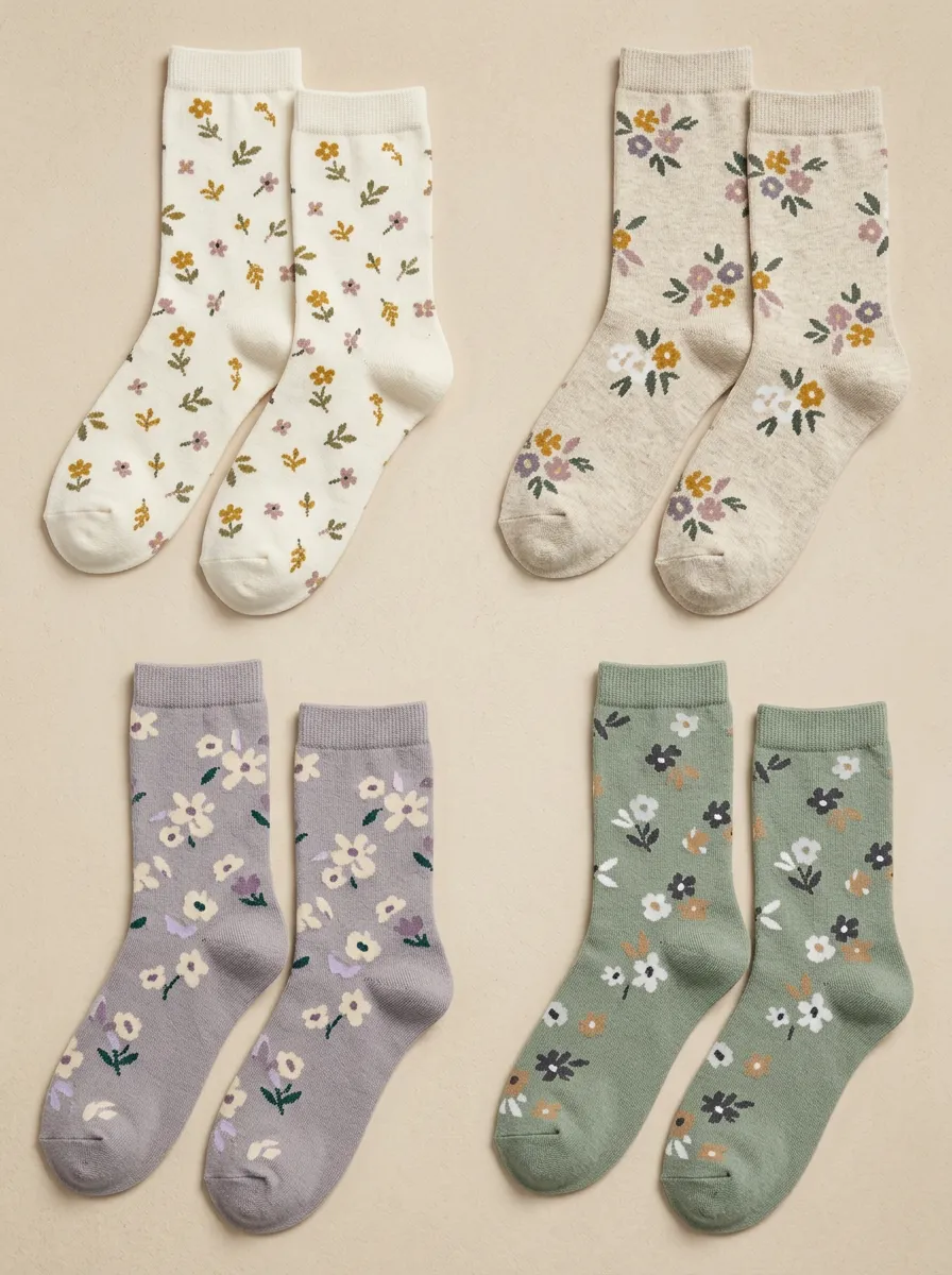 Women's Assorted Floral Crew Socks Four Pair Set