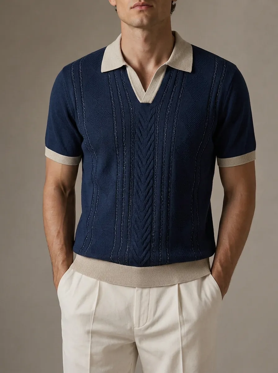 Men's Vintage Style Cable Knit Textured V-Neck Polo Shirt
