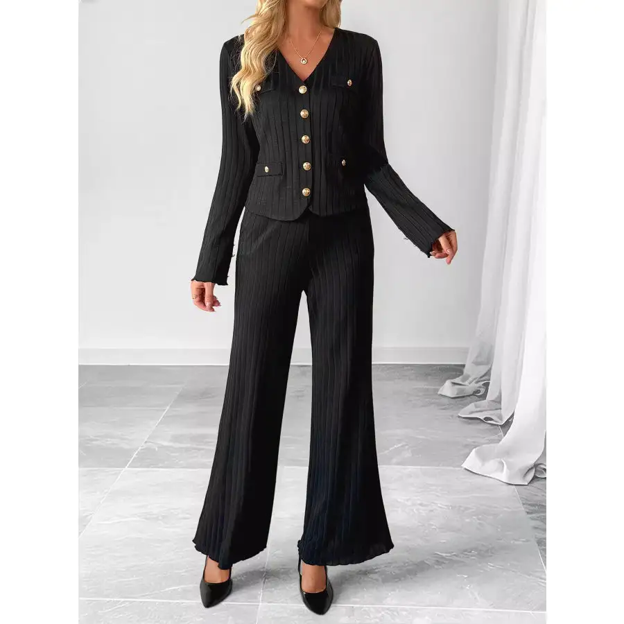 Ribbed Knit Cardigan & Wide Leg Pants Set