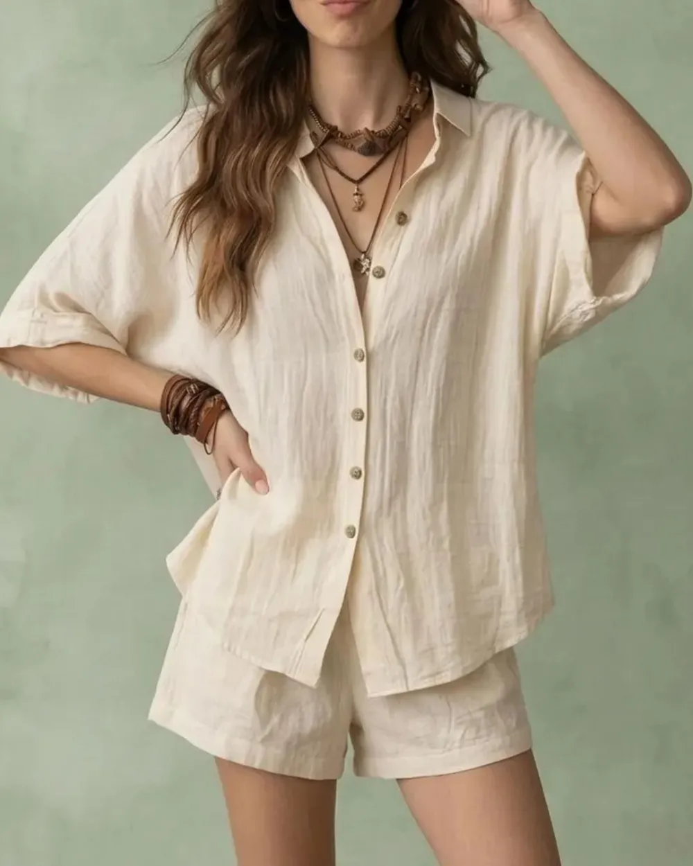 Button-Up Shirt and Wide-Leg Shorts Set