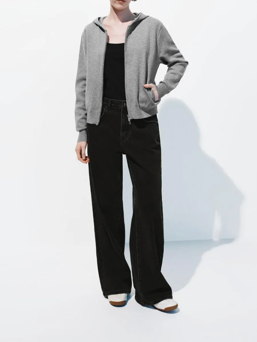 Lady's Grey Casual Style Zippered Knitted Hoodie