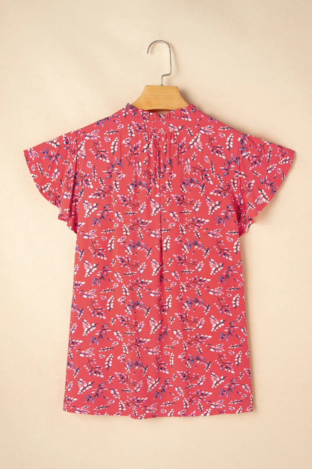 Red Floral Tie Split Neck Short Flounce Sleeve Crinkled Blouse