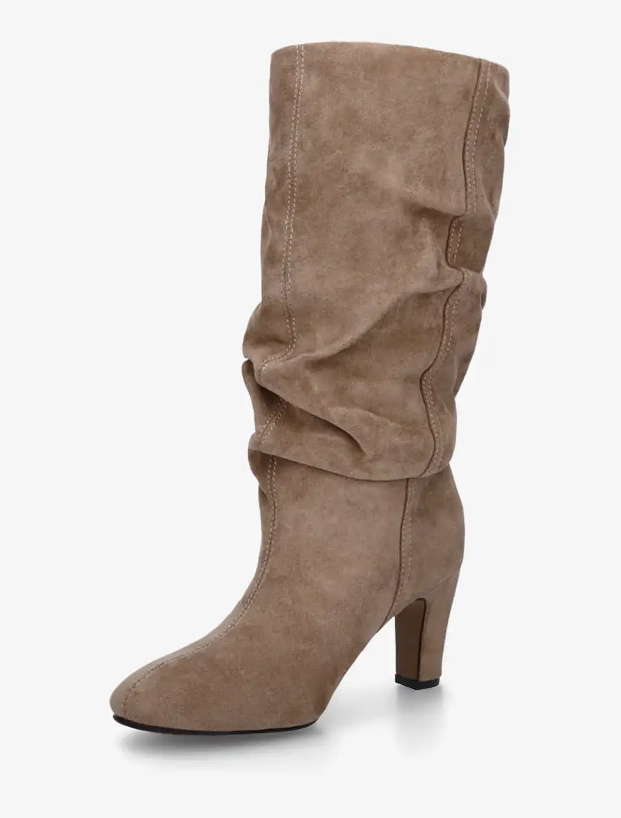 Refined Block Heel Ruched Faux Suede Knee High Boots