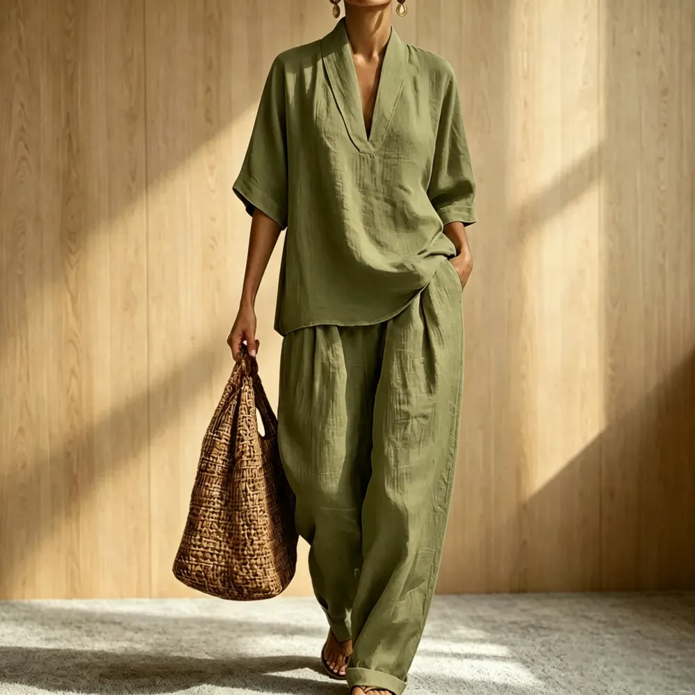 2026 New Relaxed Henley Top and Wide-Leg Pants Co-Ord Set