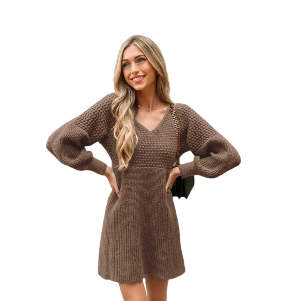 Women's Casual Sweater Dress for Christmas VNeck Honeycomb Long Sleeve Textured Knit Pullover Dresses Womenswear Fall Dress Early Autumn